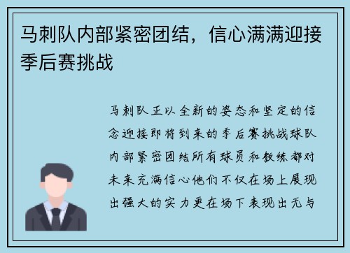 马刺队内部紧密团结，信心满满迎接季后赛挑战