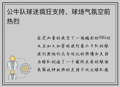 公牛队球迷疯狂支持，球场气氛空前热烈