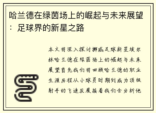 哈兰德在绿茵场上的崛起与未来展望：足球界的新星之路